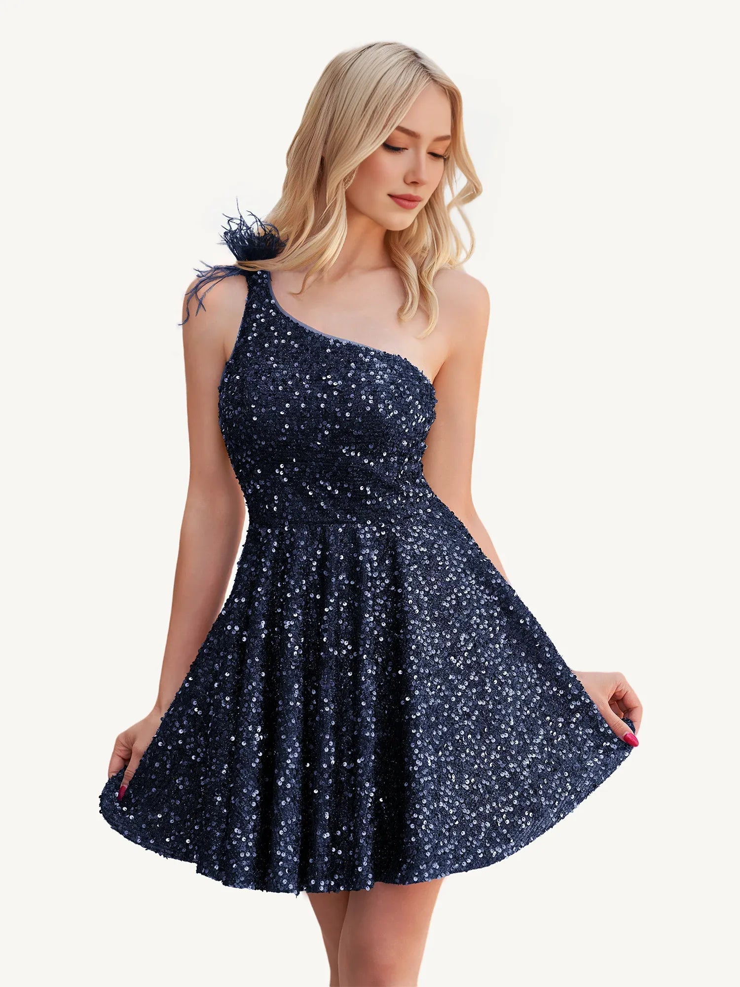 Sparkly A-line One Shoulder Sequin Mini Feather Homecoming Dress