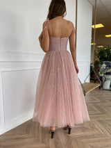 Sparkly ALine Sweetheart Tulle Midi Prom Dress Tie Strap Evening Dress
