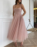 Sparkly ALine Sweetheart Tulle Midi Prom Dress Tie Strap Evening Dress