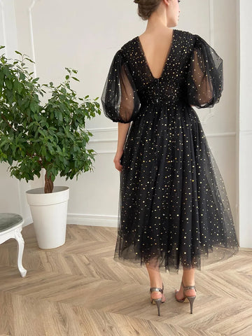 Sparkly Starry ALine VNeck Tulle Midi Prom Dress Puff Sleeve Evening Dress