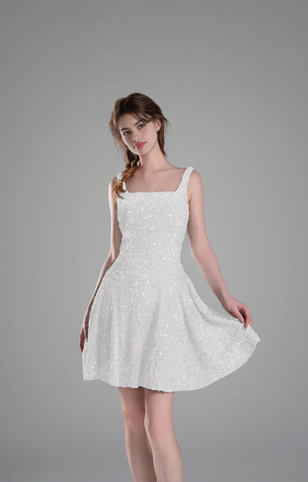 Sparkly Aline SquareNeck Sequin Short Flare Mini Homecoming Dress