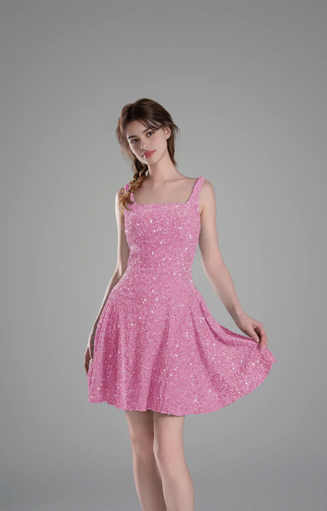 Sparkly Aline SquareNeck Sequin Short Flare Mini Homecoming Dress
