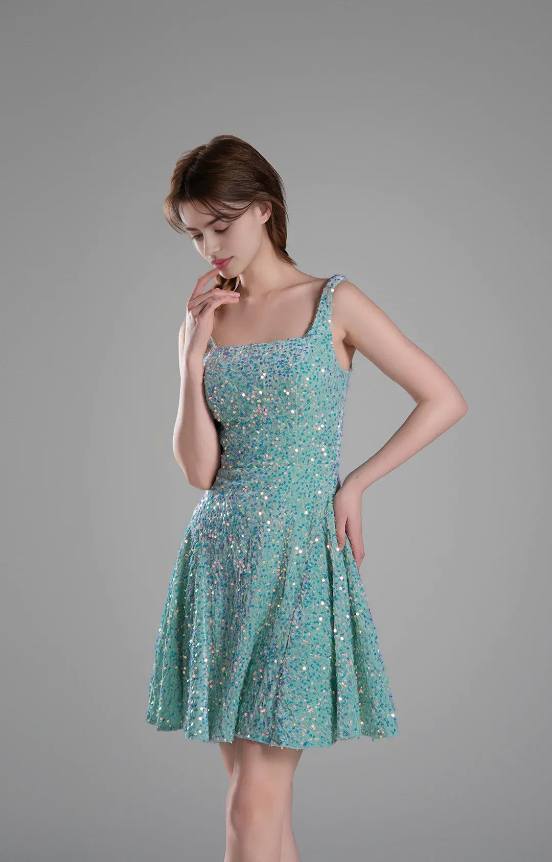 Sparkly Aline SquareNeck Sequin Short Flare Mini Homecoming Dress