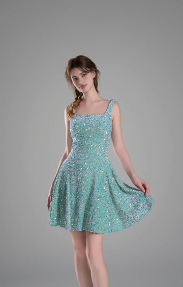 Sparkly Aline SquareNeck Sequin Short Flare Mini Homecoming Dress
