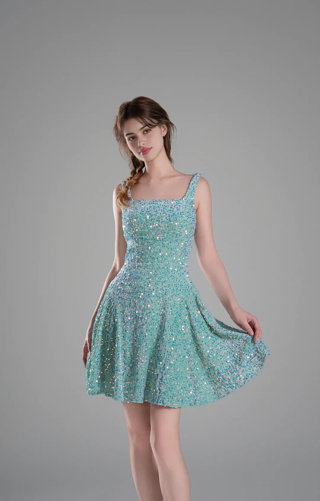 Sparkly Aline SquareNeck Sequin Short Flare Mini Homecoming Dress
