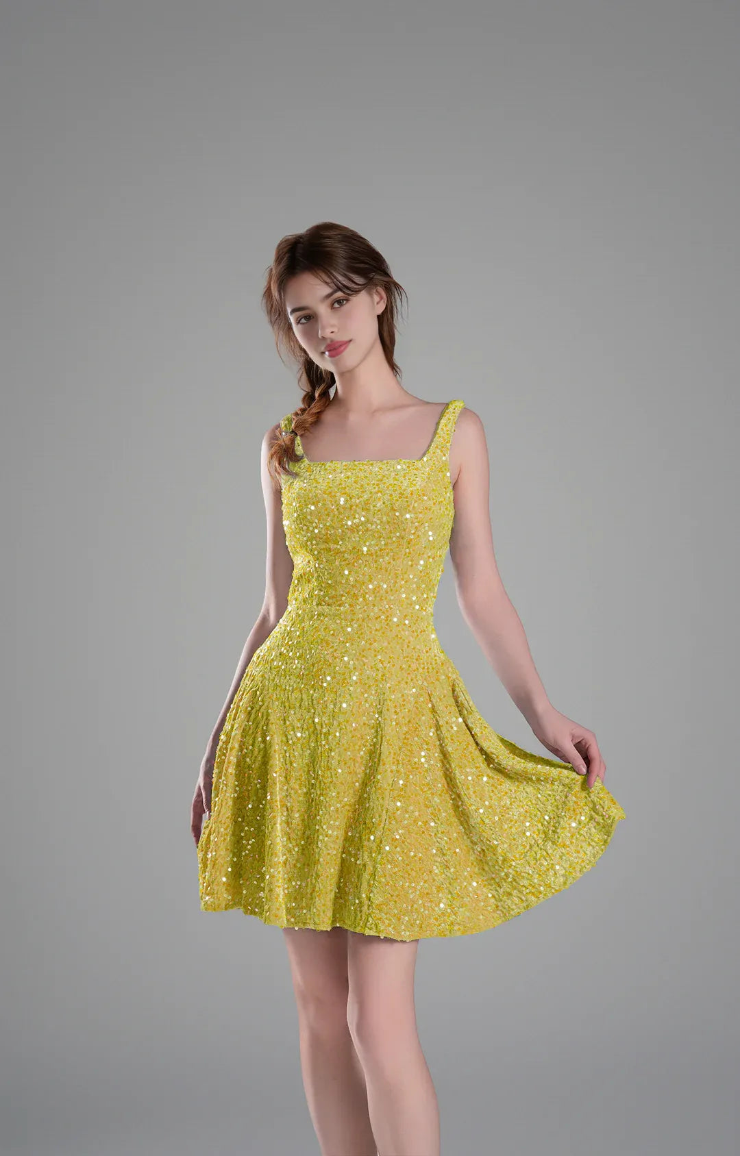 Sparkly Aline SquareNeck Sequin Short Flare Mini Homecoming Dress