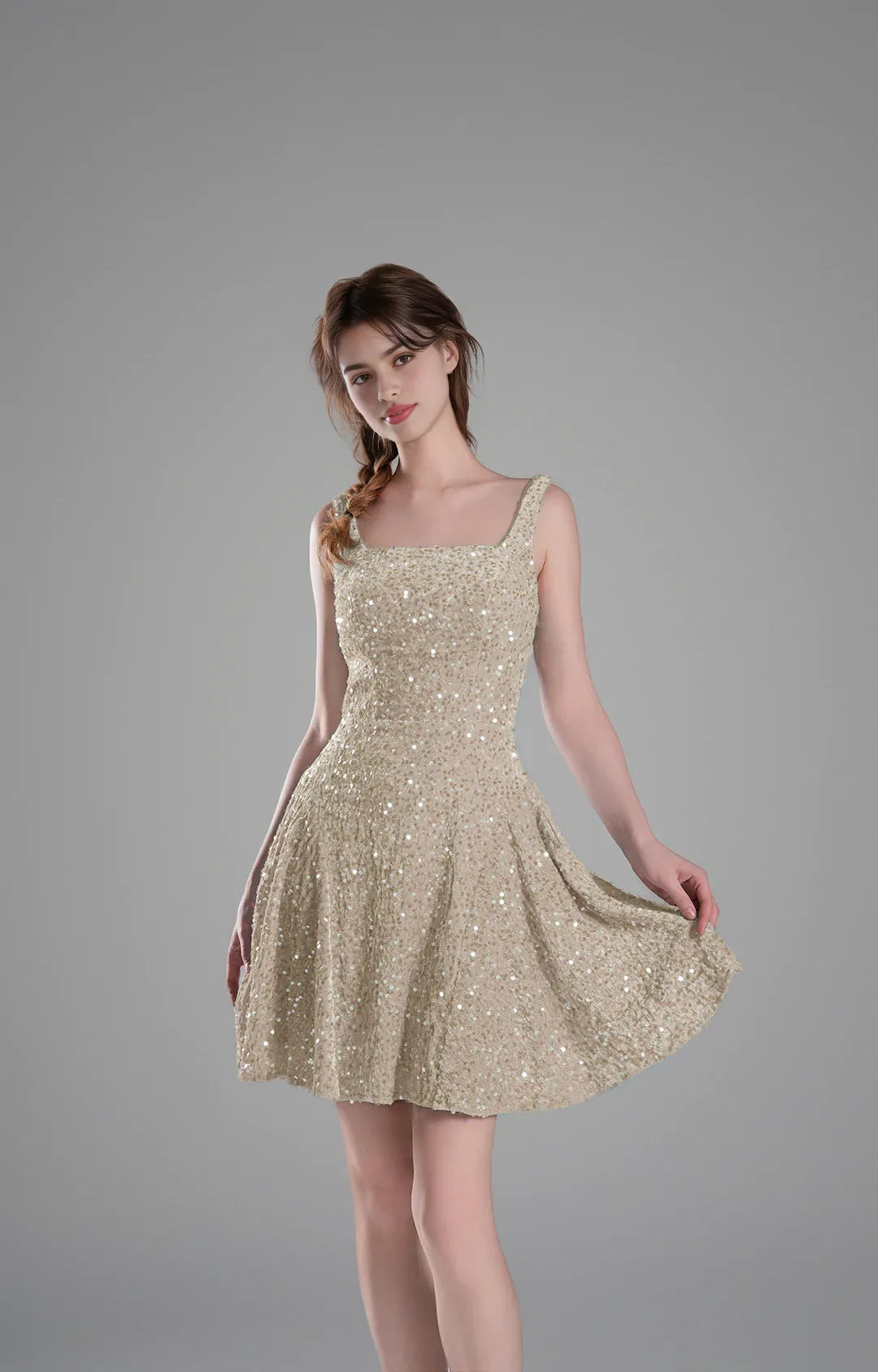 Sparkly Aline SquareNeck Sequin Short Flare Mini Homecoming Dress