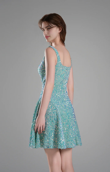 Sparkly Aline SquareNeck Sequin Short Flare Mini Homecoming Dress