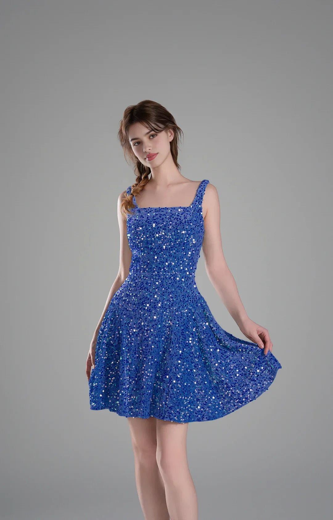 Sparkly Aline SquareNeck Sequin Short Flare Mini Homecoming Dress