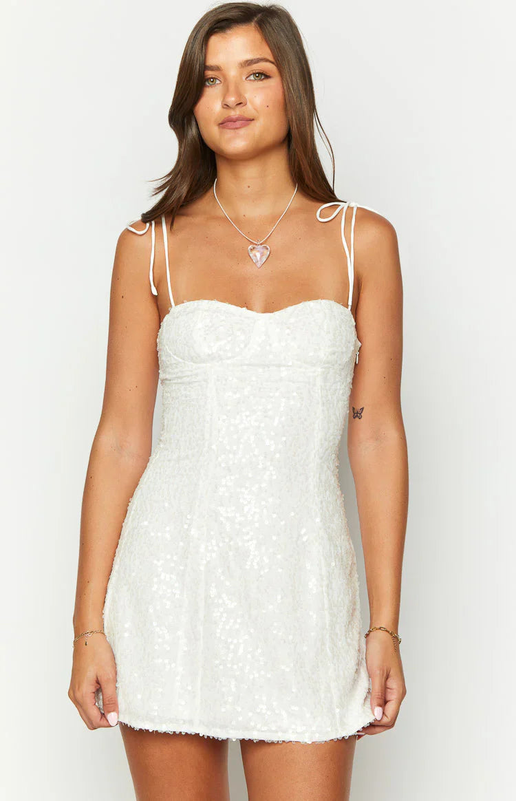 Sparkly Sequin Bodycon Sweetheart Tie-Strap Mini Homecoming Dress
