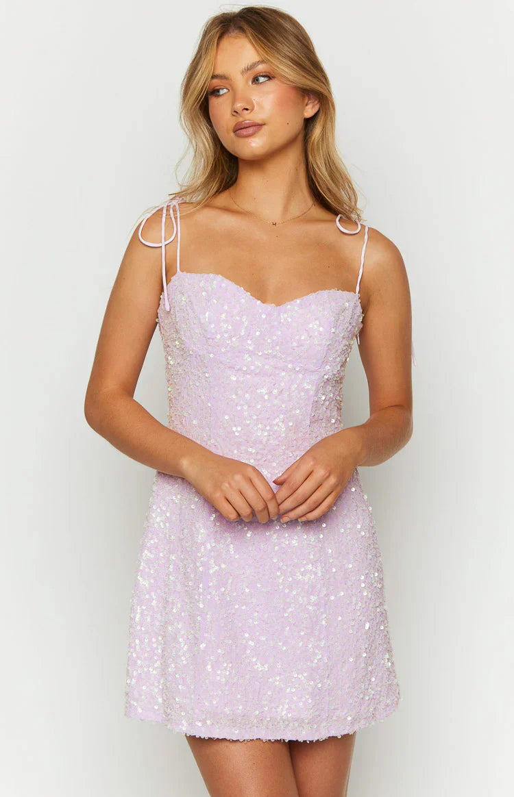 Sparkly Sequin Bodycon Sweetheart Tie-Strap Mini Homecoming Dress