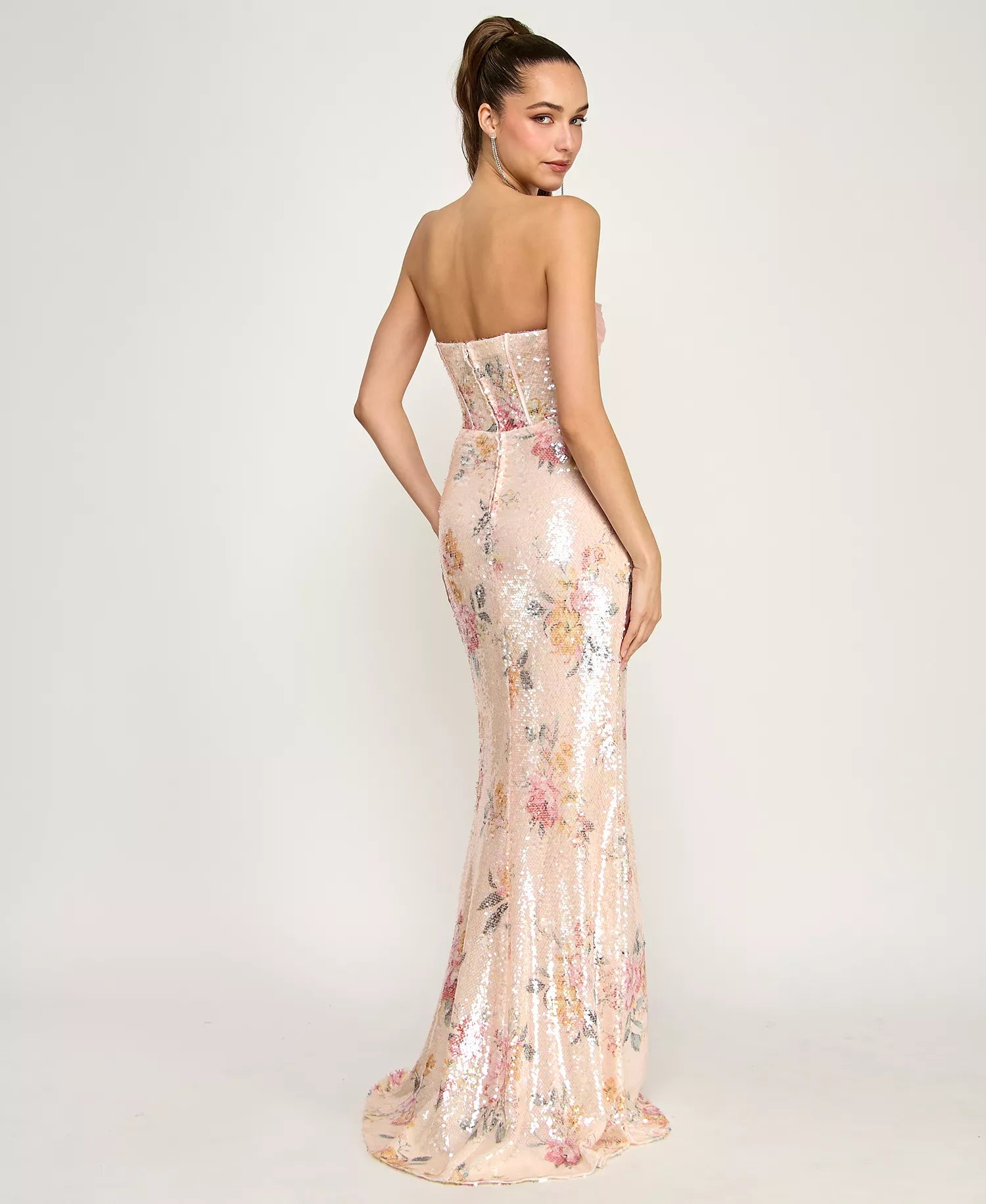 Sparkly Strapless Sequin Floral Corset Evening Dress Mermaid Gown With Slit