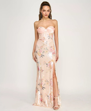Sparkly Strapless Sequin Floral Corset Evening Dress Mermaid Gown With Slit