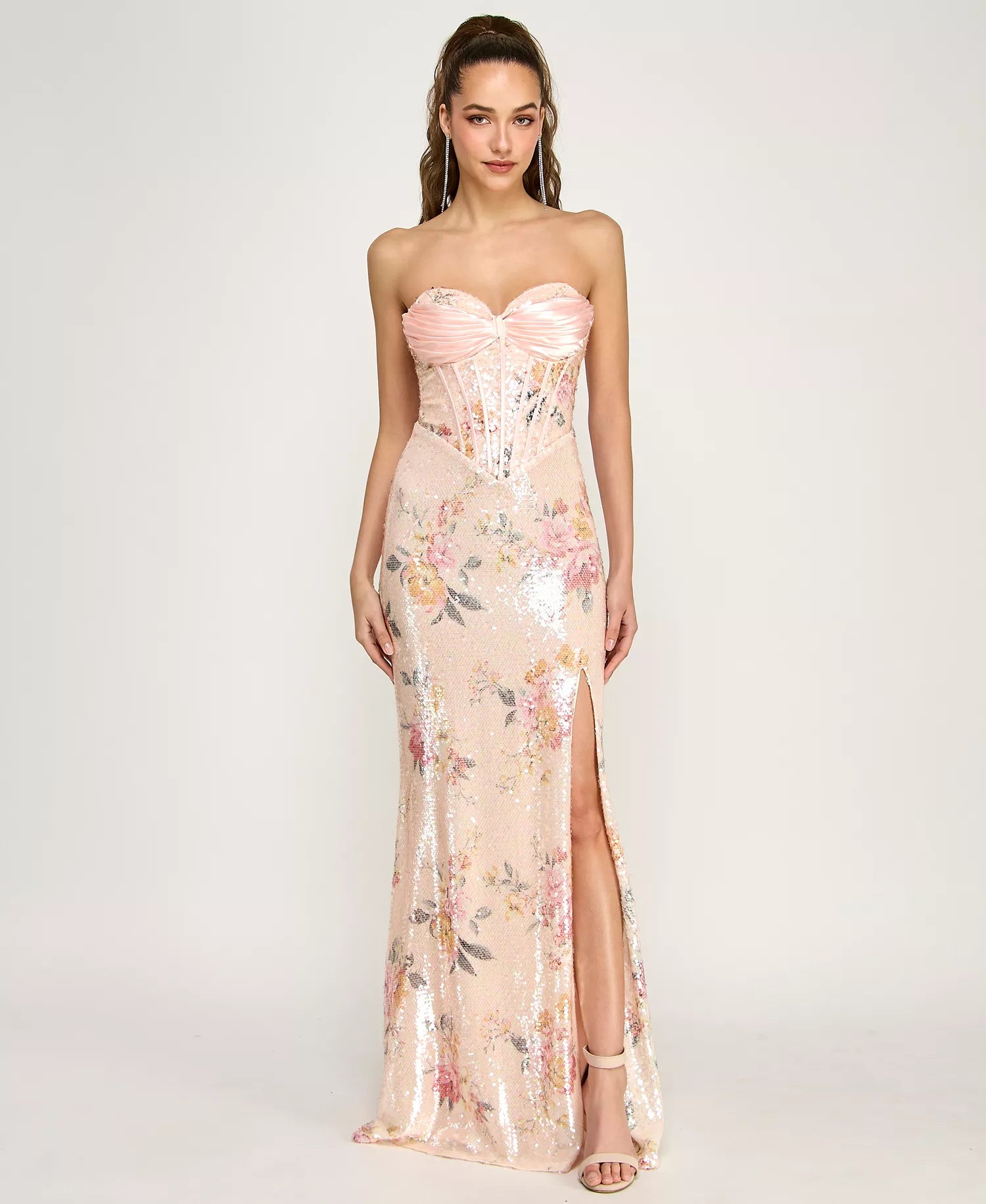 Sparkly Strapless Sequin Floral Corset Evening Dress Mermaid Gown With Slit