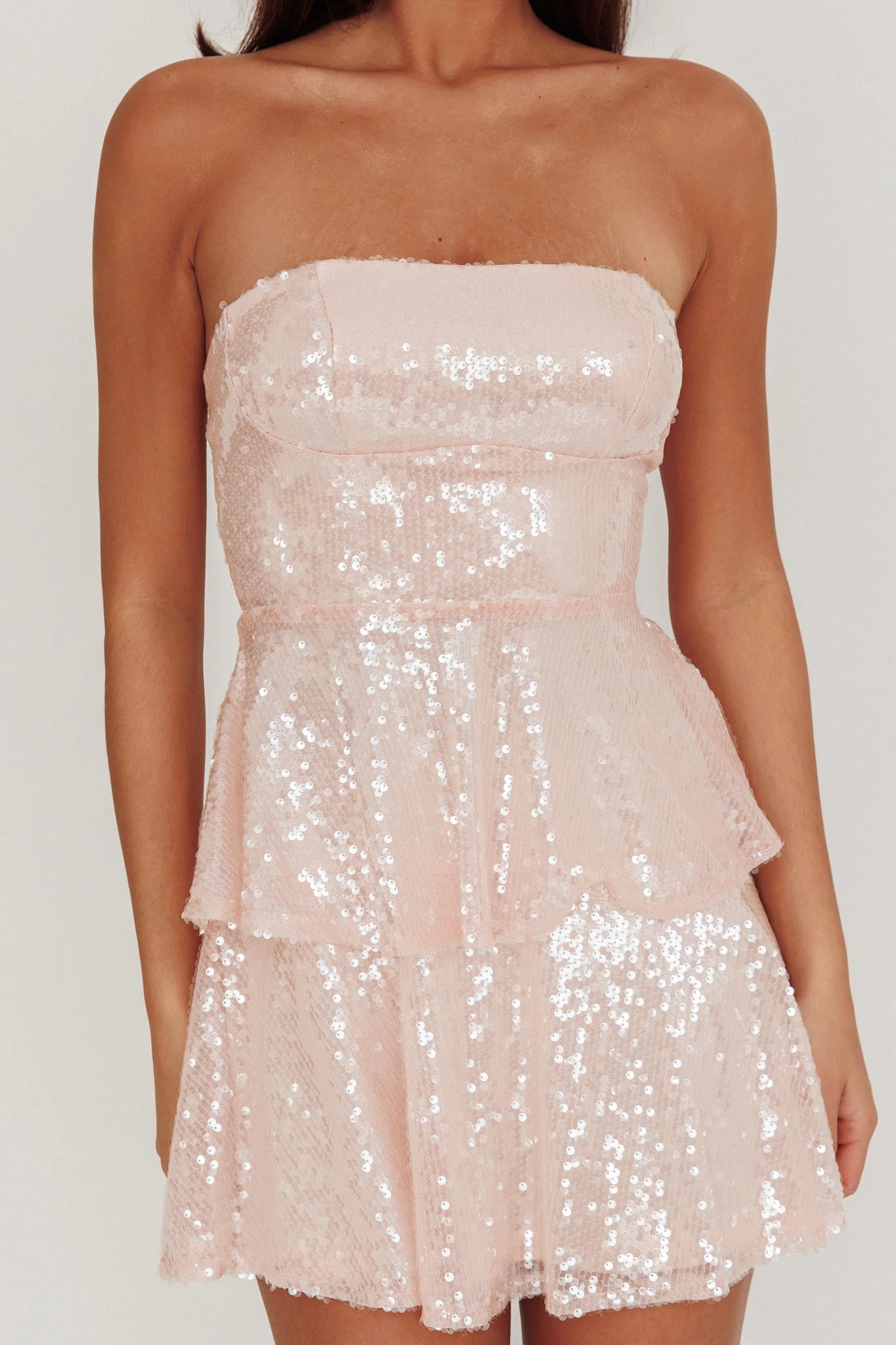 Sparkly Tiered Strapless Sleeveless Sequin Homecoming Dress Mini Party Dress With Bow Back