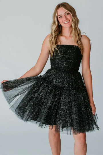 Sparkly Black A-line Square Spaghetti Strap Lace Up Mini Homecoming Dress