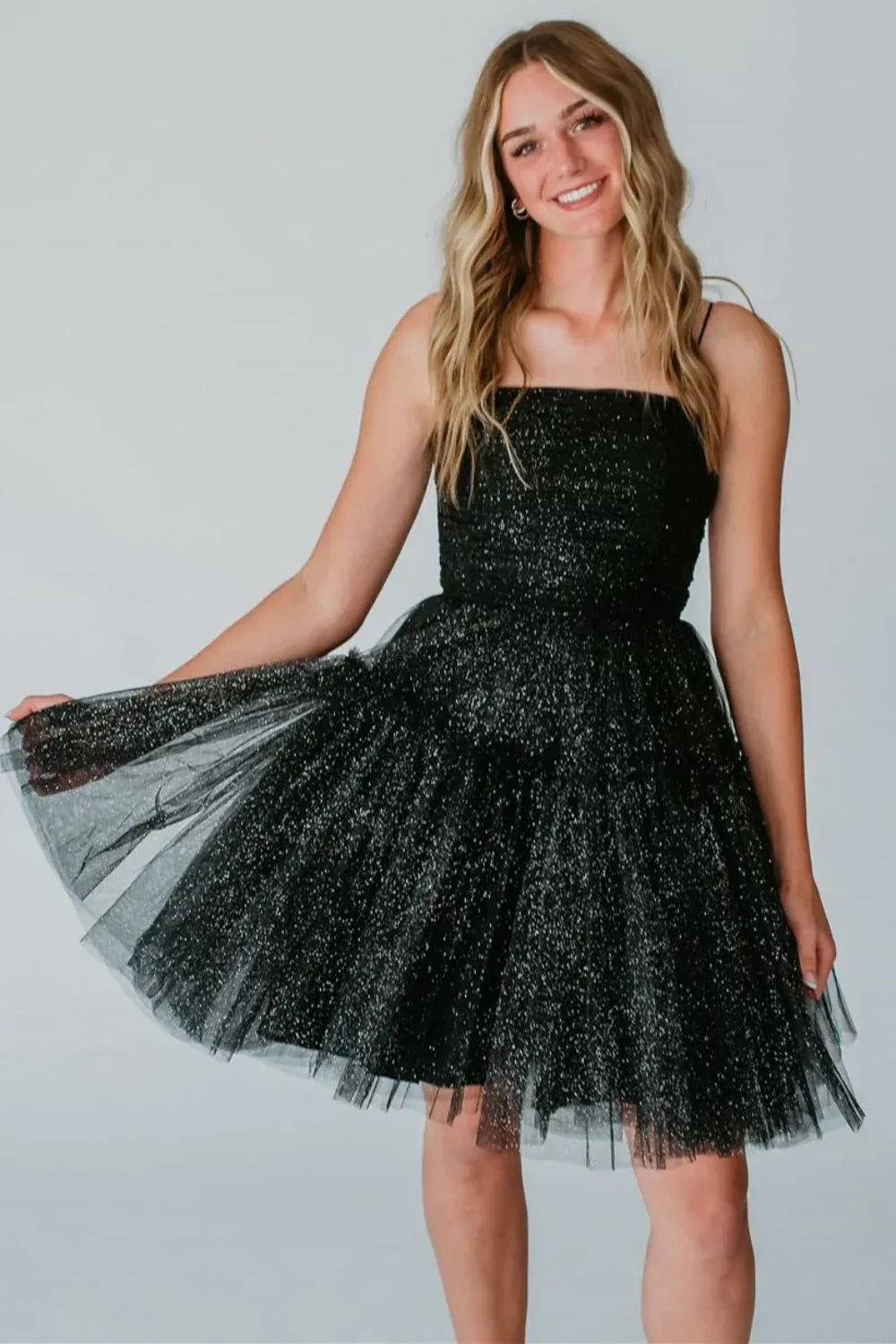 Sparkly Black A-line Square Spaghetti Strap Lace Up Mini Homecoming Dress
