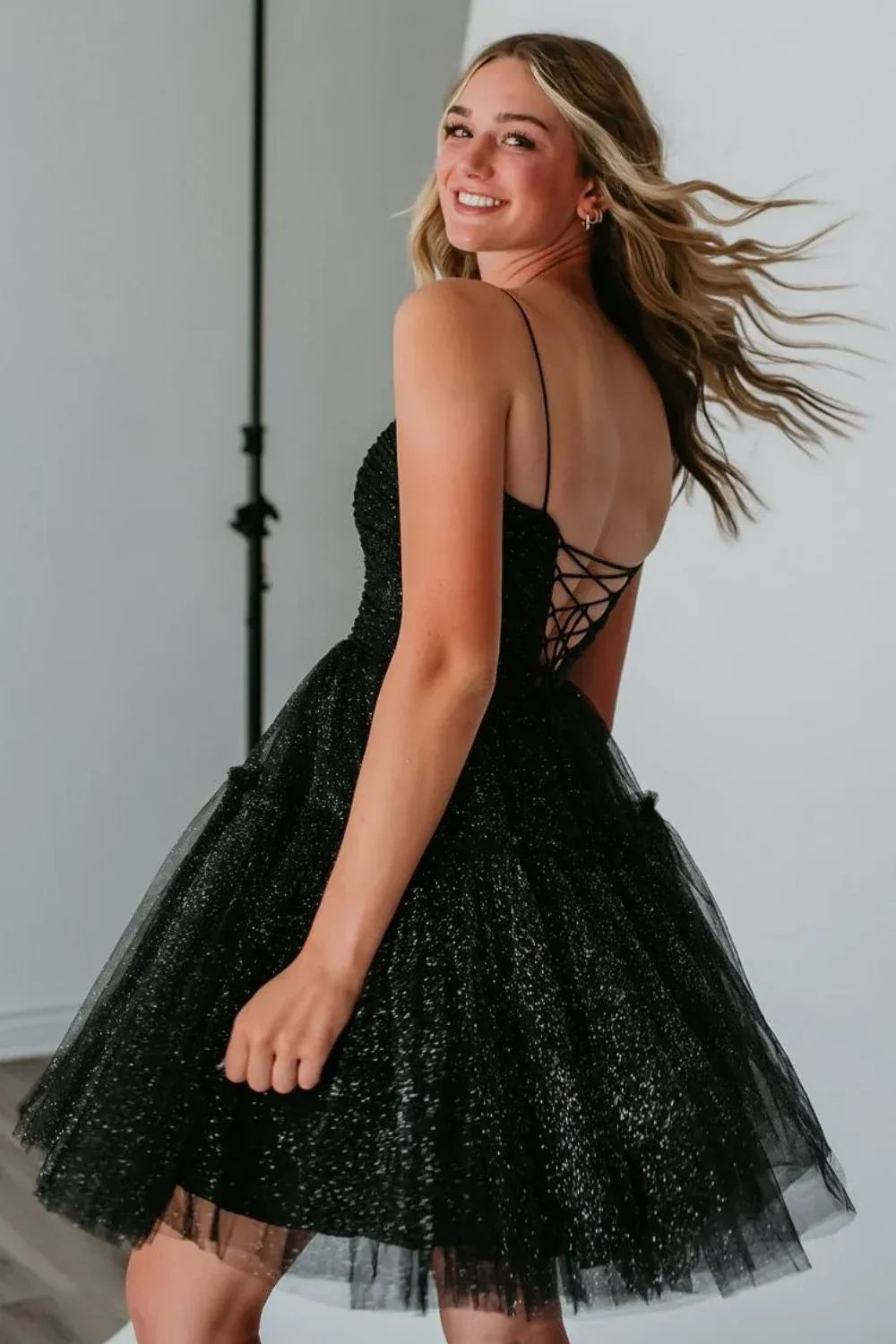 Sparkly Black A-line Square Spaghetti Strap Lace Up Mini Homecoming Dress