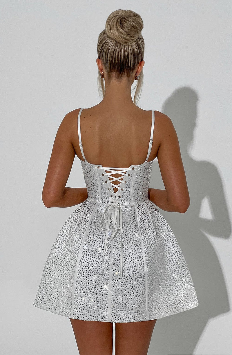 Glamorous Sculpted Square-Neck Embellished Mini Skater Evening Dress