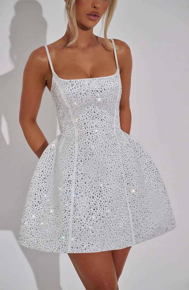 Glamorous Sculpted Square-Neck Embellished Mini Skater Evening Dress