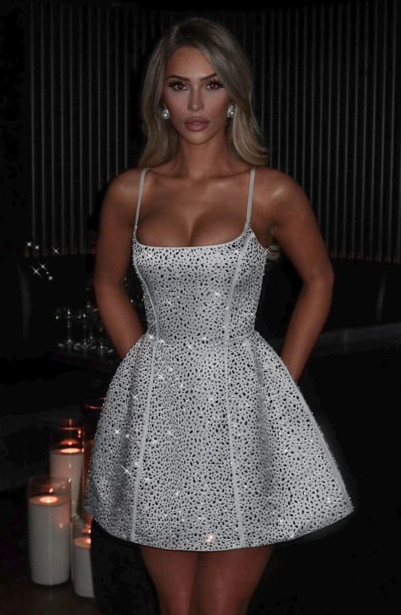 Glamorous Sculpted Square-Neck Embellished Mini Skater Evening Dress