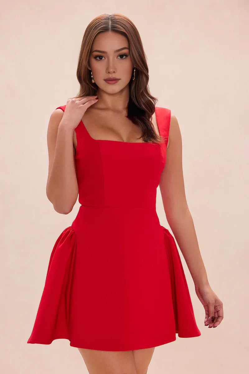 Minivestido plisado de fiesta con escote cuadrado y línea A para regreso a casa