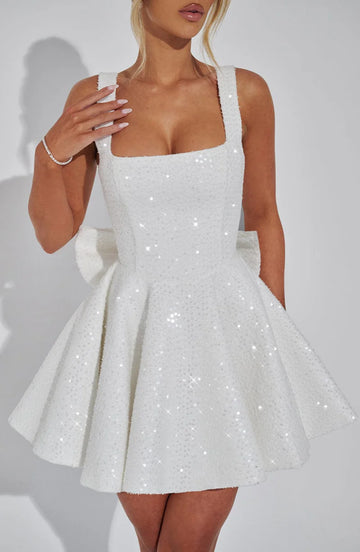 Glamorous A-line Square-Neck Sequin Mini Bow Party Cocktail Homecoming Dress
