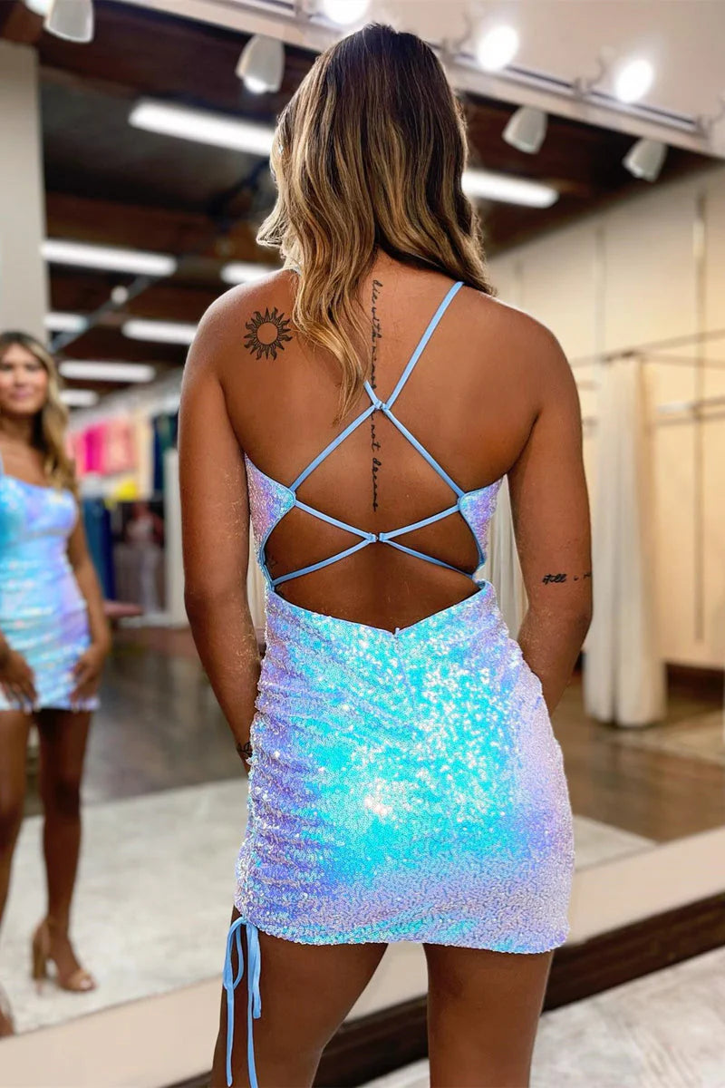 Square Neck Sleeveless Sequin Short Ruched Lace Up Homecoming Dress