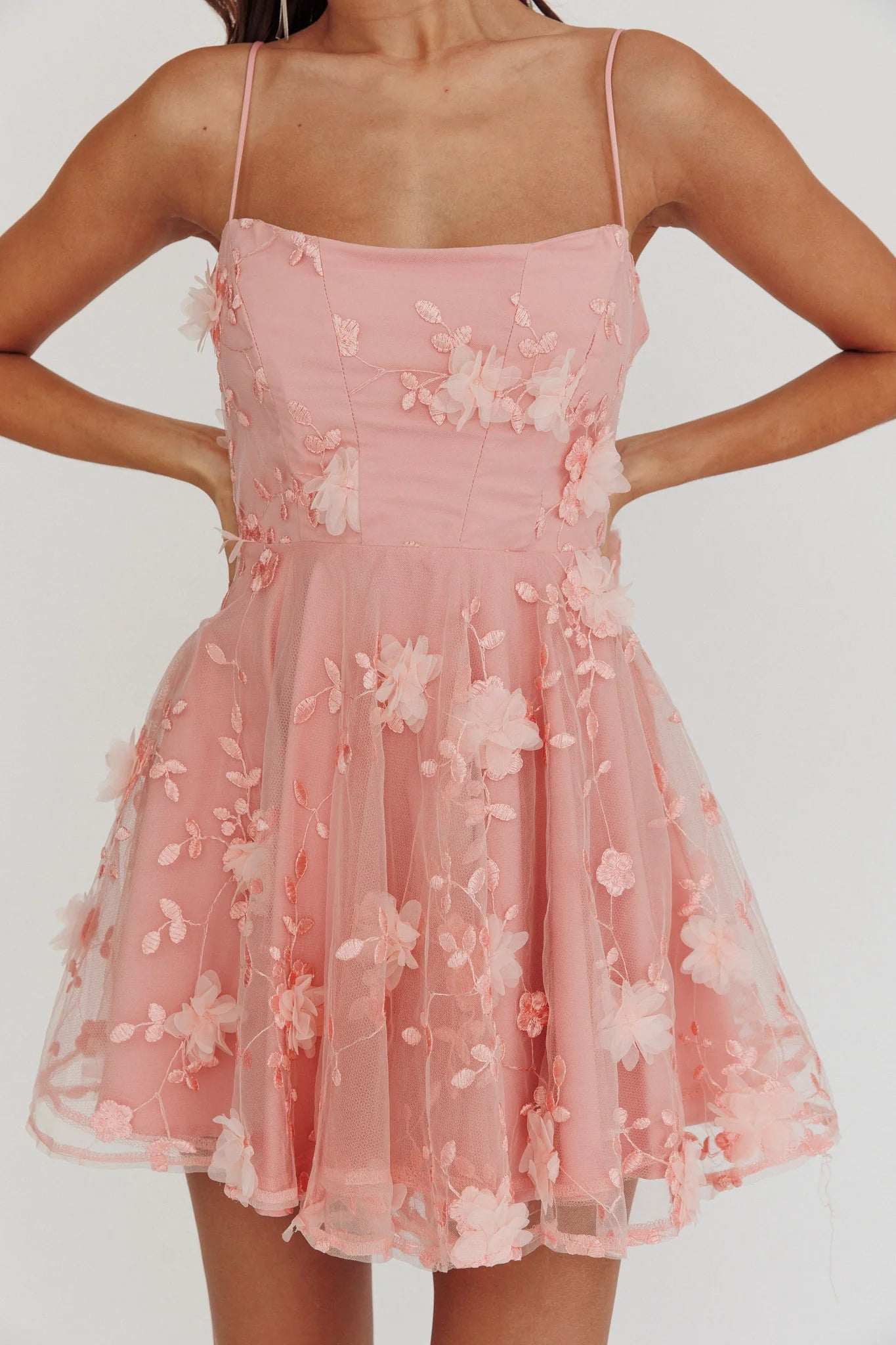 Cute A-line Square Neck Spaghetti Strap Tulle Homecoming Dress With 3D Floral & Bow Back