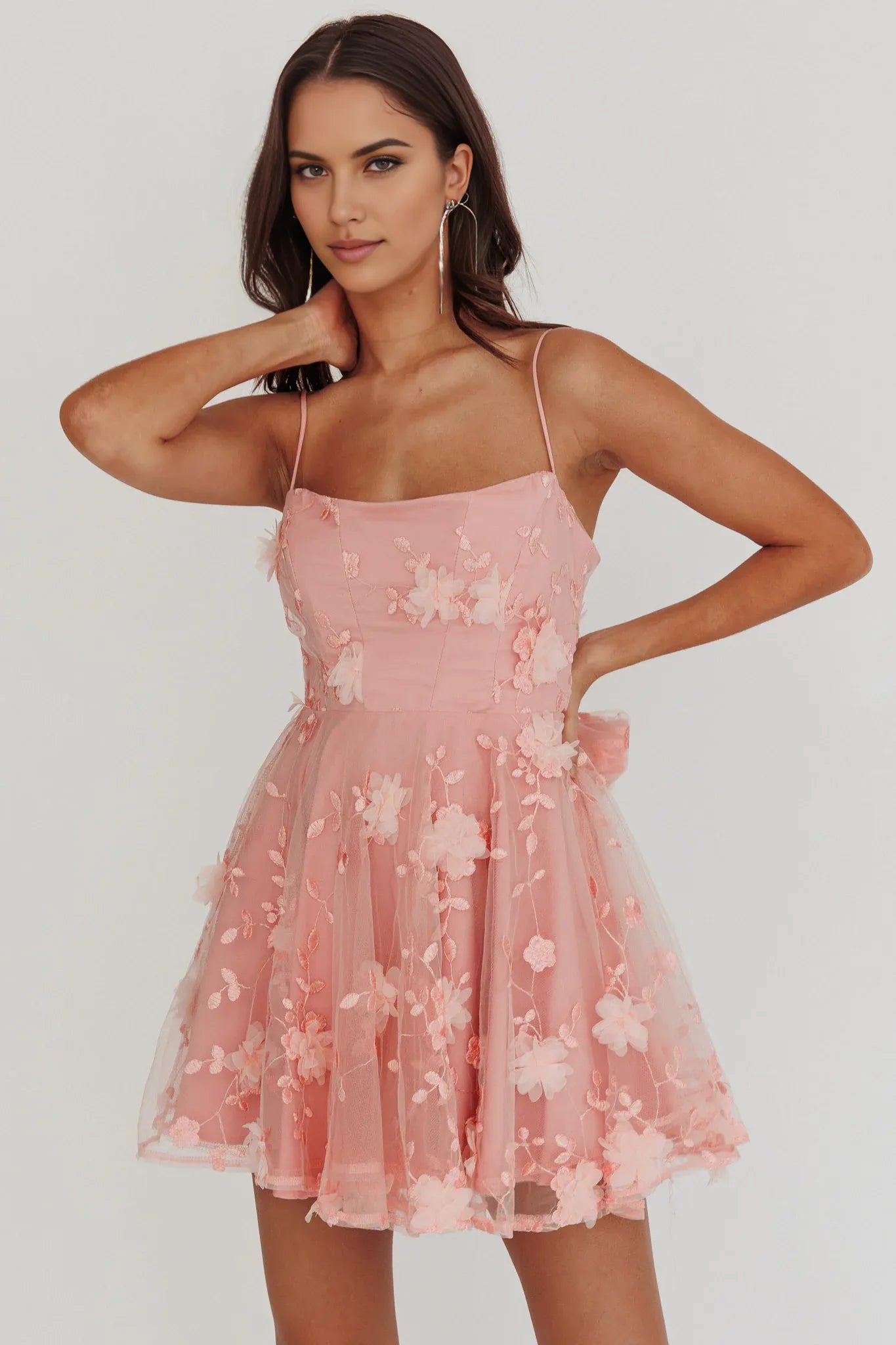 Cute A-line Square Neck Spaghetti Strap Tulle Homecoming Dress With 3D Floral & Bow Back