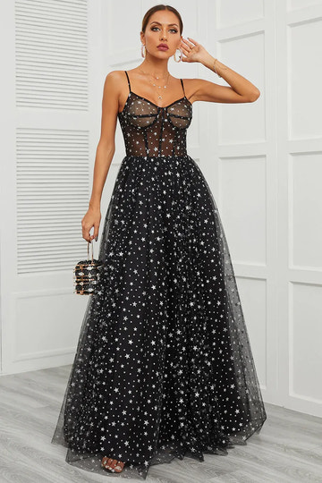 Vestido de fiesta de tul con estampado de estrellas, escote corazón, sin mangas, con cordones, hasta el suelo