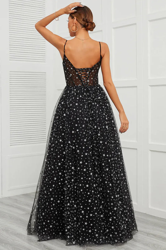 Star Print Tulle Ball Gown Sweetheart Sleeveless Lace-Up Floor-Length Prom Gown