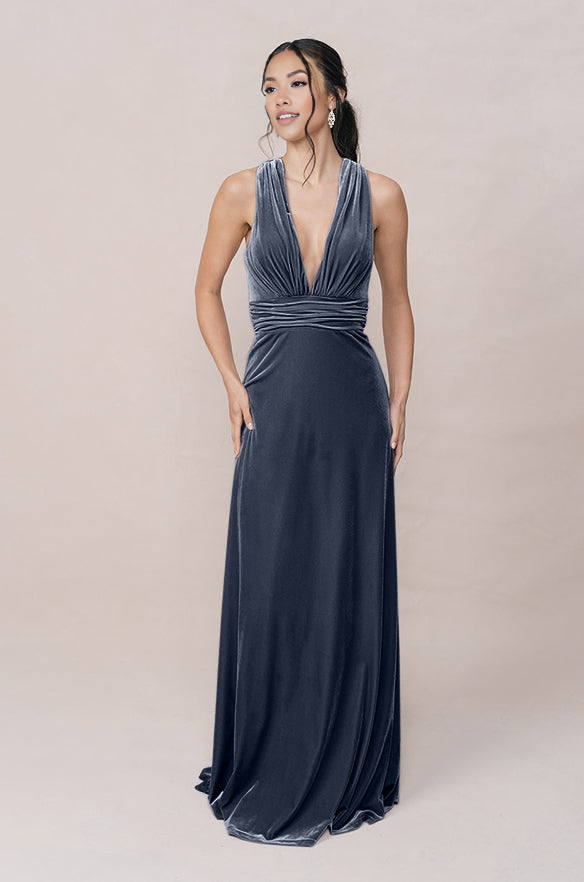 Women's Velvet Deep V-Neck Floor length Bridesmaid Dress with Crisscross Low Back Versatile for Formal Weddings
