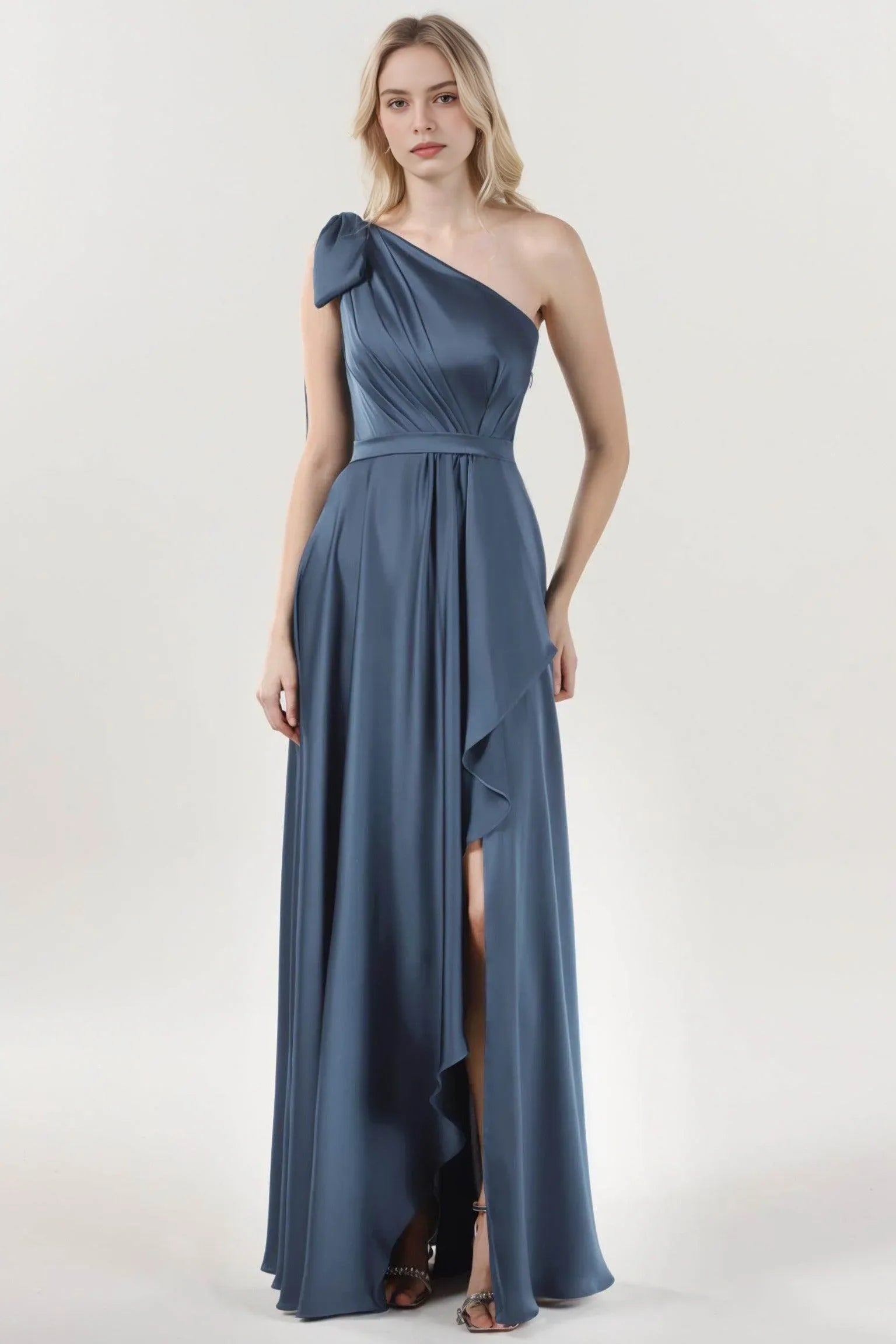 Polished A-Line One-Shoulder Satin Bow-Sash Evening Gown Formal Wedding Guest Dress