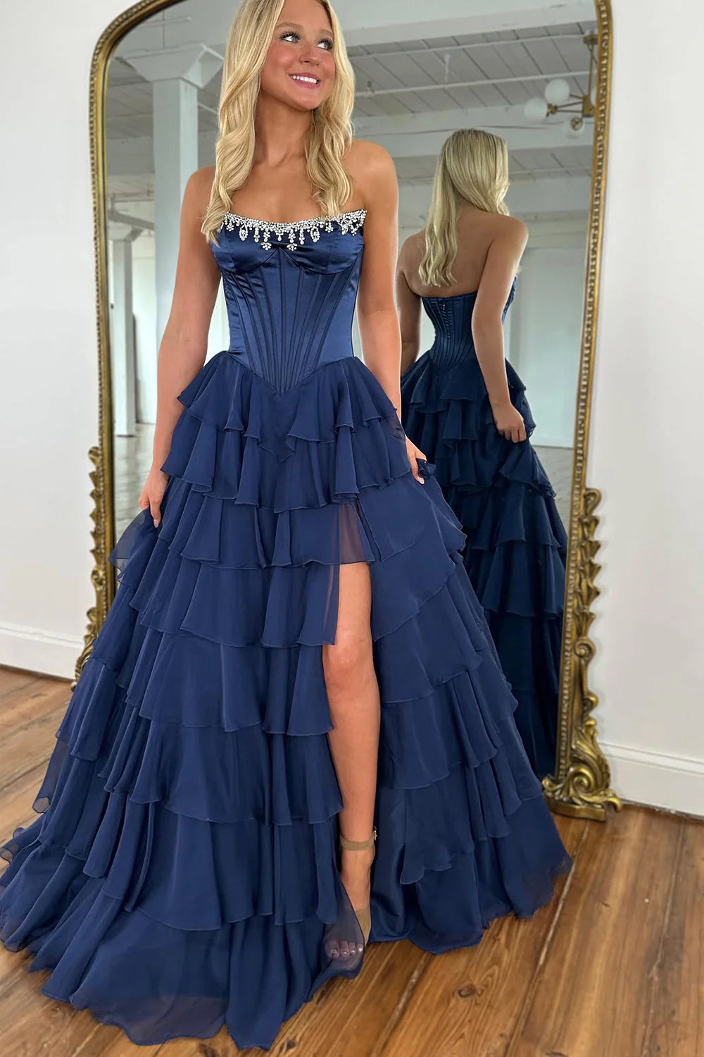 Luxurious Strapless Ball Gown with Crystal Embellishments High Slit Elegant Evening Dress