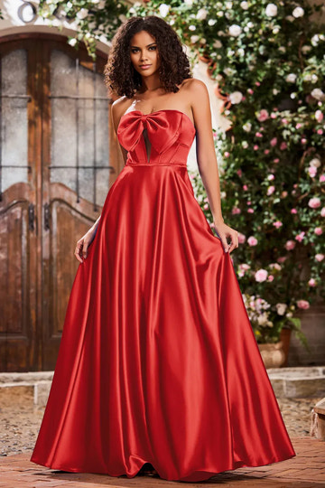Strapless Bow Front Corset Satin A-Line Maxi Prom Dress