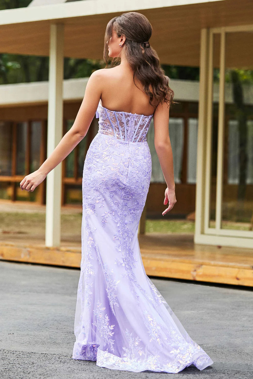 Vestido de noche formal tipo corsé de sirena de encaje con lazo frontal sin tirantes