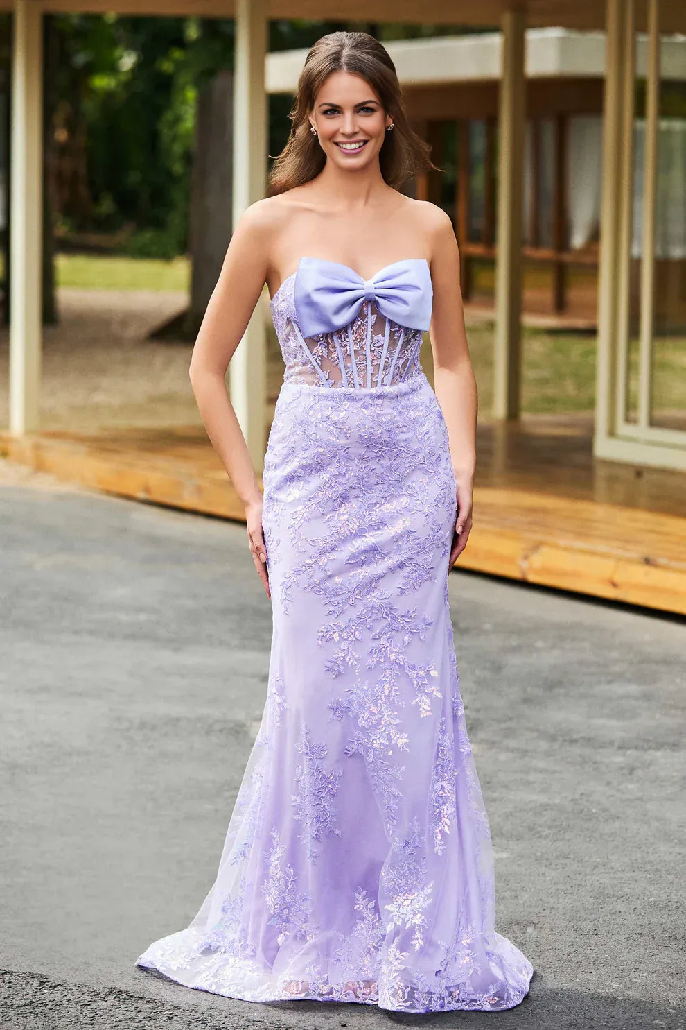 Vestido de noche formal tipo corsé de sirena de encaje con lazo frontal sin tirantes