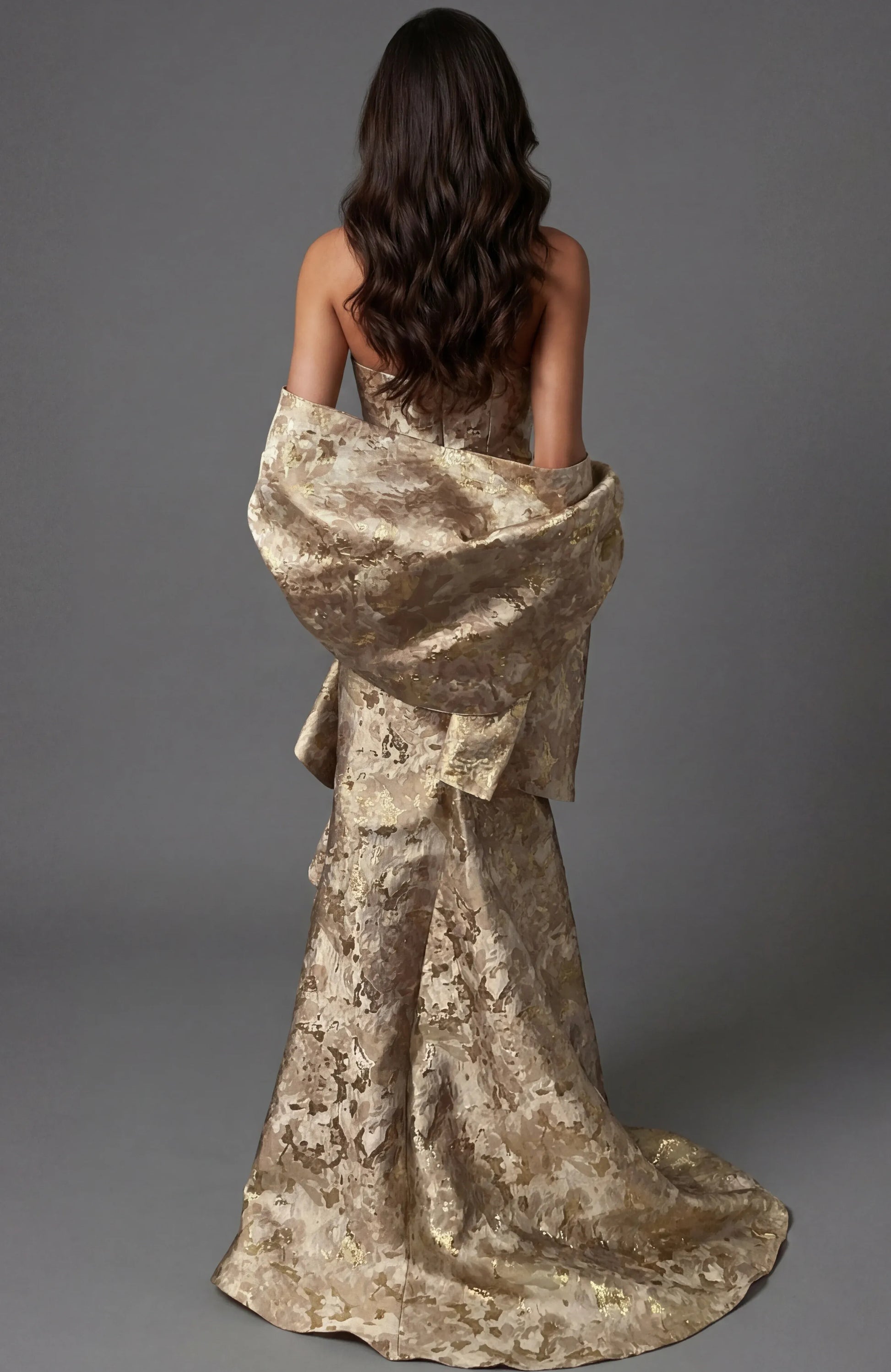 Luxe Sculpted Strapless Brocade Maxi Gown Formal Evening Dress With Draped Side