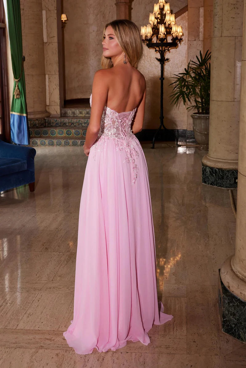 Vestido de Noche A-Line con Corsé, sin Tirantes, de Gasa, Encaje, Cuentas y Flores Intrincadas para Fiesta de Graduación