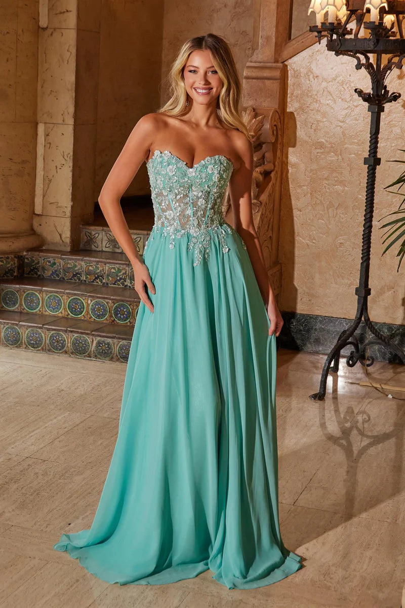 Vestido de Noche A-Line con Corsé, sin Tirantes, de Gasa, Encaje, Cuentas y Flores Intrincadas para Fiesta de Graduación