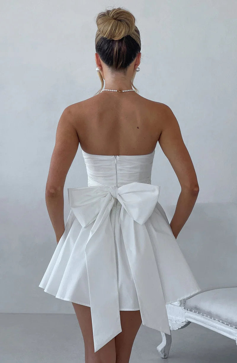 Vestido de noche de algodón con lazo mini sin tirantes y corte A, lindo, para cóctel o regreso a casa.