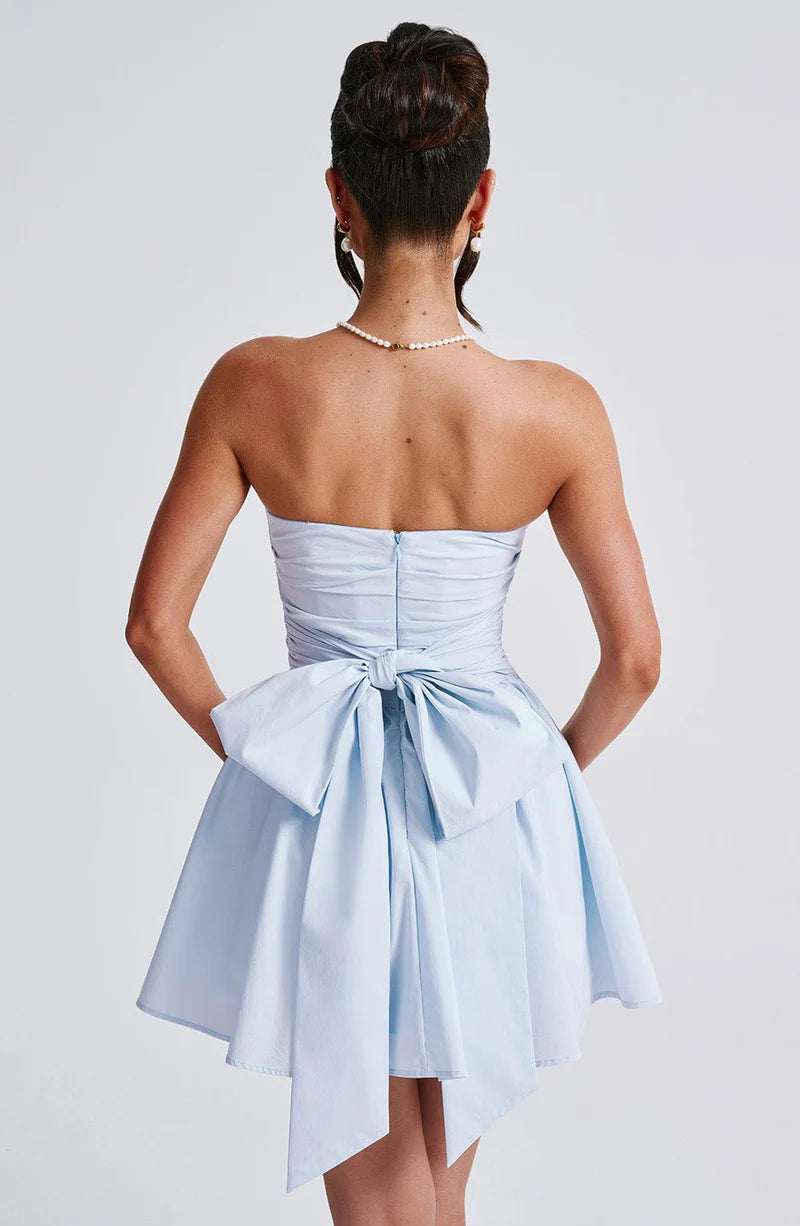 Vestido de noche de algodón con lazo mini sin tirantes y corte A, lindo, para cóctel o regreso a casa.