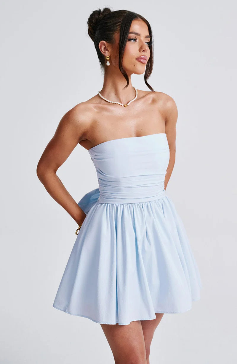 Vestido de noche de algodón con lazo mini sin tirantes y corte A, lindo, para cóctel o regreso a casa.