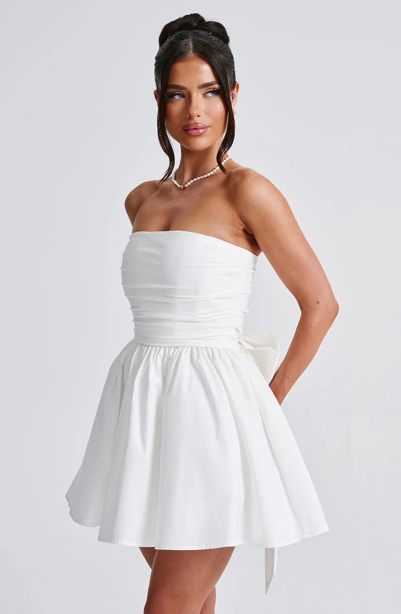 Vestido de noche de algodón con lazo mini sin tirantes y corte A, lindo, para cóctel o regreso a casa.