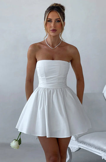 Cute A-line Strapless Cotton Mini Bow Evening Dress Cocktail Homecoming Dress