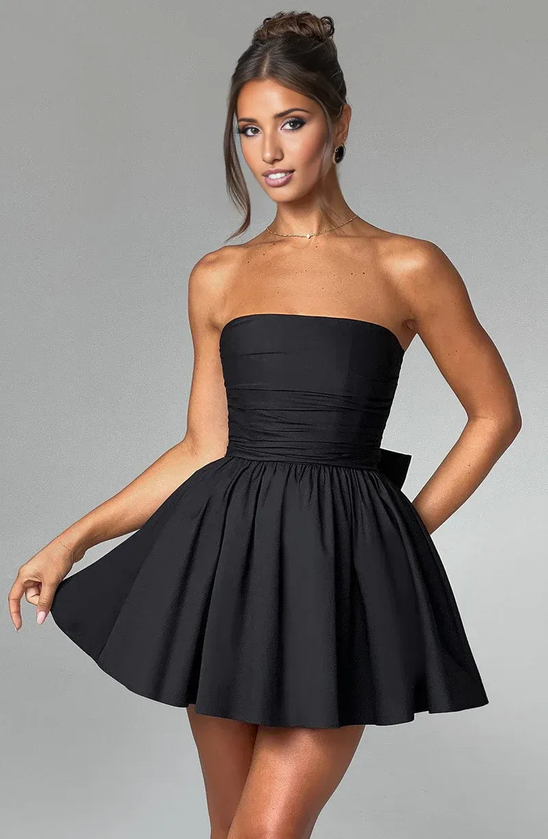 Vestido de noche de algodón con lazo mini sin tirantes y corte A, lindo, para cóctel o regreso a casa.