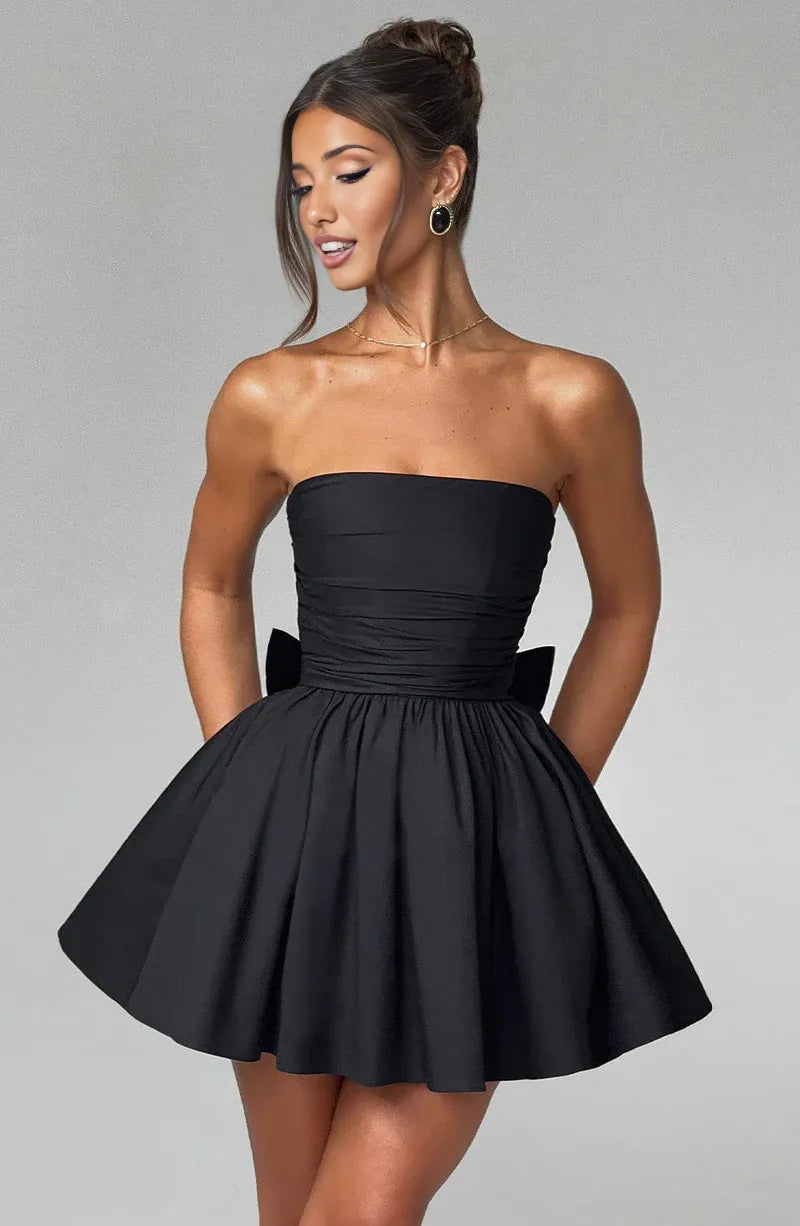 Vestido de noche de algodón con lazo mini sin tirantes y corte A, lindo, para cóctel o regreso a casa.