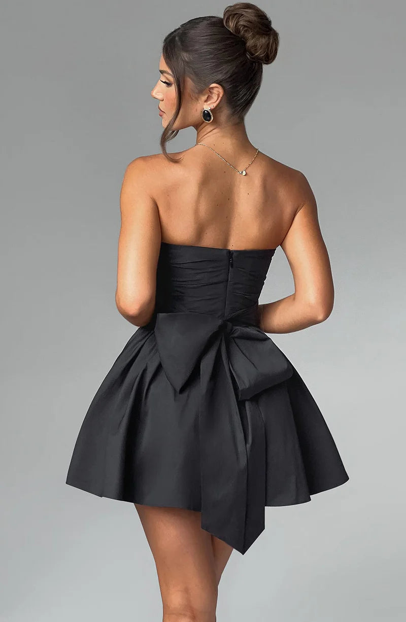 Vestido de noche de algodón con lazo mini sin tirantes y corte A, lindo, para cóctel o regreso a casa.