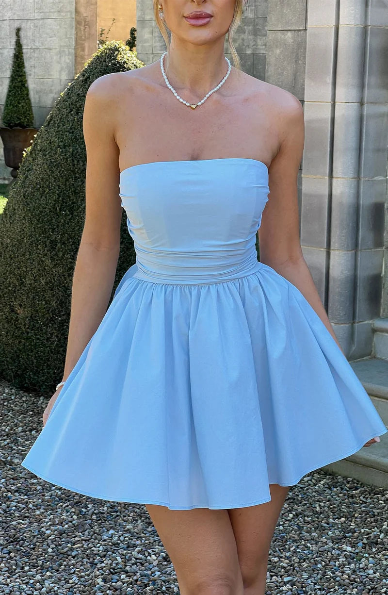 Vestido de noche de algodón con lazo mini sin tirantes y corte A, lindo, para cóctel o regreso a casa.